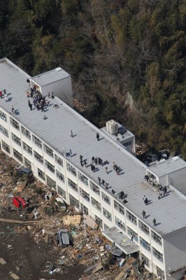 小学校の屋上まで逃げ込んだ人々