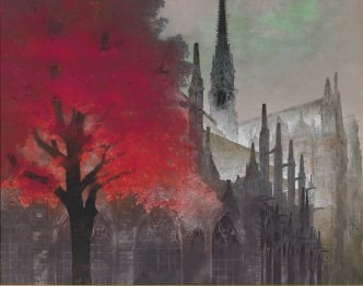 宮下さんが描いた『誘い風』。秋の始まりを感じるパリのノートルダム寺院。赤く色づく紅葉と寺院のシルエットは路地裏から見ても美しい