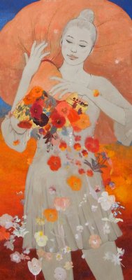 大河原さんが描いた『春風』。春に吹く風をイメージした作品。風とともにやってくる花の色彩が豊か