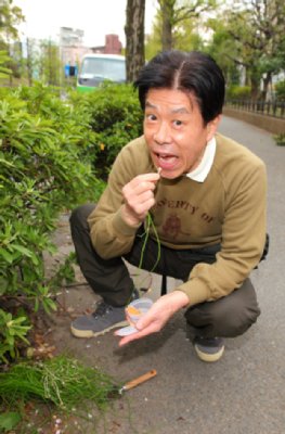 “野草食い”俳優の岡本信人、ノビルに持参のみそをつける