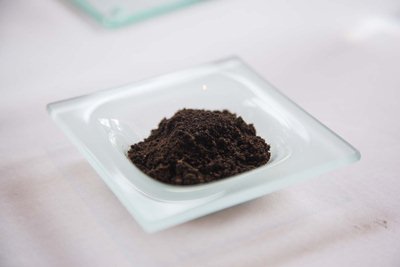 この日のメニューに使われた黒土のサンプル。震災後、野菜の安全性をどう担保 するかを考えた(株)プロトリーフが「安全性を突き詰めると、直接土を食べて も問題ないかというところに行き着いた」という。