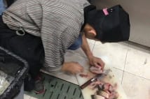 床にまな板を置いて調理する中国人スタッフ