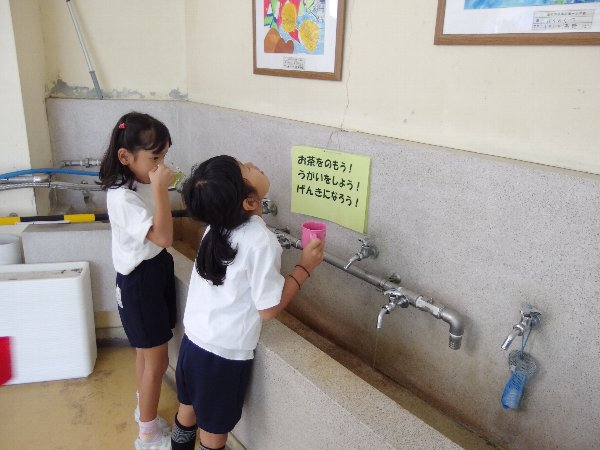 緑茶でうがいをする小学生