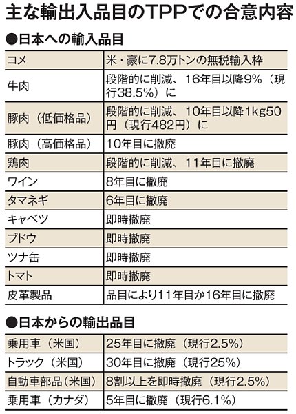 主な輸出入品目のTPPでの合意内容