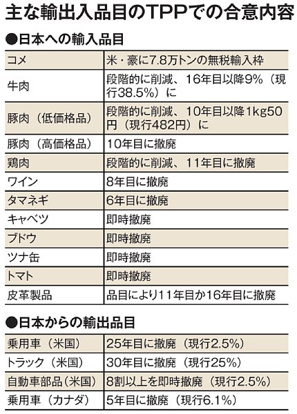 主な輸出入品目のTPPでの合意内容