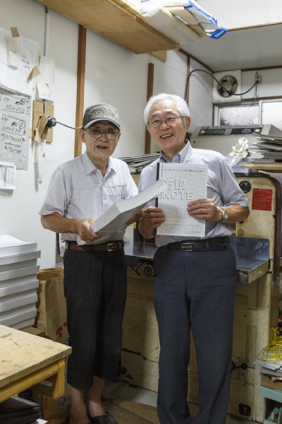 「方眼ノート」を開発した中村印刷所社長の中村輝雄さん（右）、パートの中村博愛さん（左）