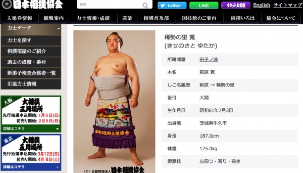 稀勢の里の師匠は昇進場所で優勝している（日本相撲協会HPより）