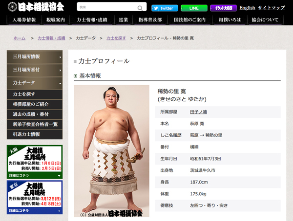 ちなみにこちらは稀勢の里（日本相撲協会HPより）