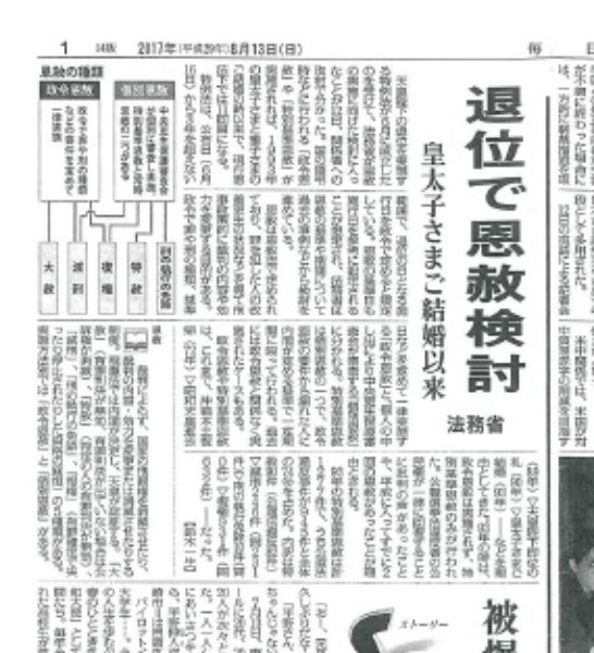 「恩赦検討」が報じられた（毎日新聞2017年8月13日付）