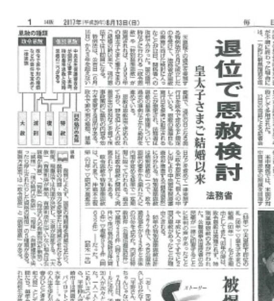 「恩赦検討」報道も（毎日新聞2017年8月13日付）