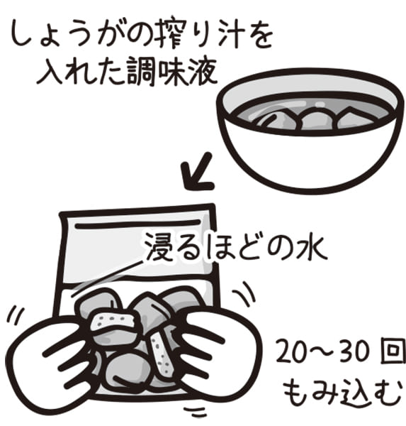 唐揚げはしょうが+水でジューシーに(イラスト/さややん。)