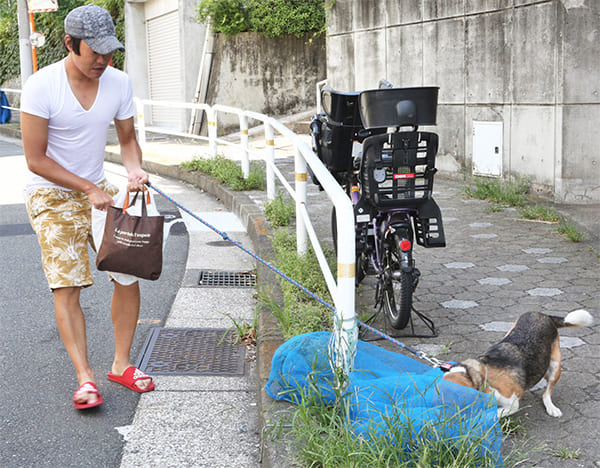 朝から愛犬を散歩させるみやぞん