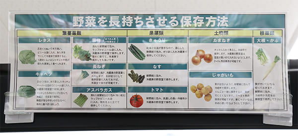 食材を大切にし、野菜コーナーには長持ちさせる方法を記載