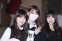 (From left) Hitomi Honda, Sakura Miyawaki, and Nako Yabuki of South Korean-Japanese girl group Iz One, stylized as IZONE or IZ*ONE, arrive at the Gimpo International Airport in Seoul, South Korea, 26 September 2018.