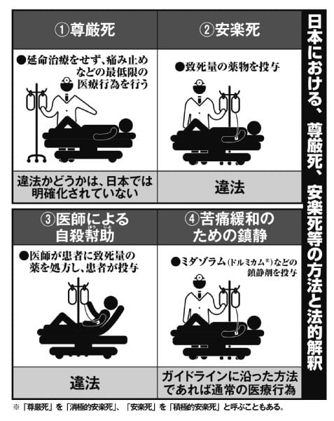 日本における、尊厳死、安楽死等の方法と法的解釈