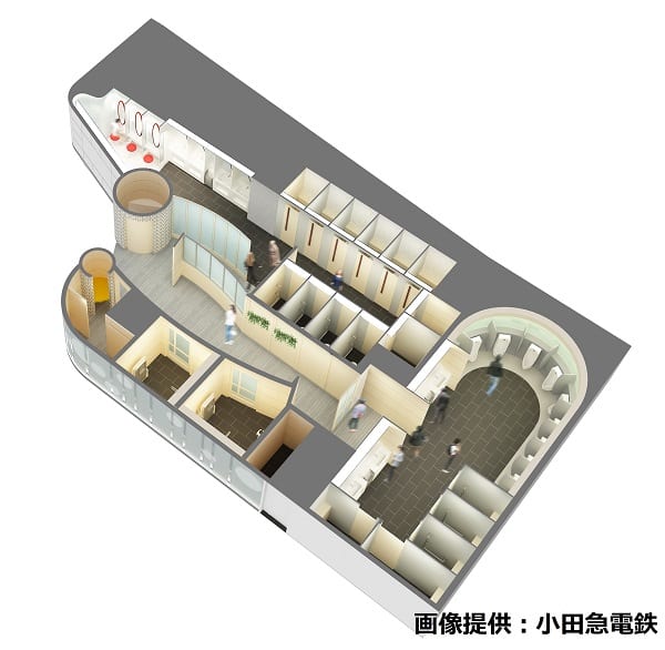 小田急の新宿駅トイレの外観図。トイレの配置を工夫することで、バケージポートの空間を生み出した