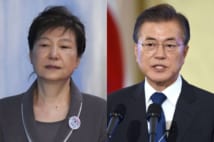 韓国で「親日派の娘」と非難された朴槿恵・前大統領と、「親日残滓の清算」を訴える文在寅・現大統領（AFP=時事）