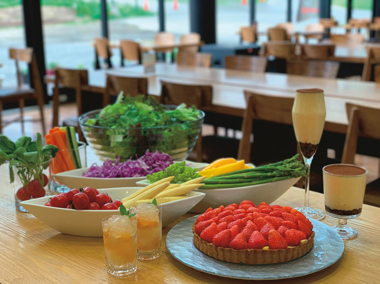 併設されたレストラン「Raphael」 では、北海道の食材を使ったサラダバーや ドリンク、各種ケーキを味わうことができる。 ランチやディナーは宿泊客以外も利用可