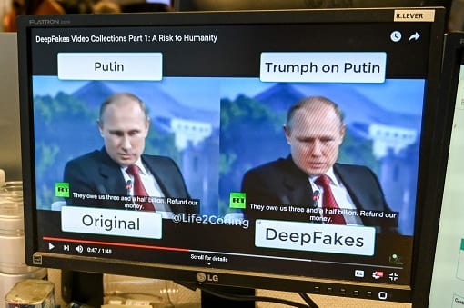 右が露・プーチン大統領のディープフェイク動画（AFP＝時事）