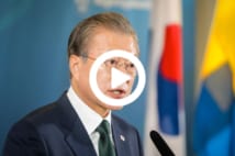 South Korea's President Moon Jae-in and Sweden's Prime Minister (not in picture) give a press conference after their meeting at Grand Hotel in Saltsjobaden outside Stockholm, Sweden, on June 15, 2019. - South Koreas President Moon Jae-in and his wife First Lady Kim Jung-sook are in Sweden for a two-day state visit. (Photo by Soren Andersson / TT News Agency / AFP) / Sweden OUT