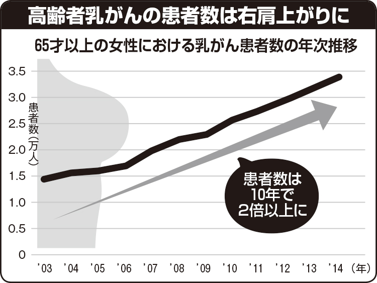 【表】65才以上の女性における乳がん患者数の年次推移