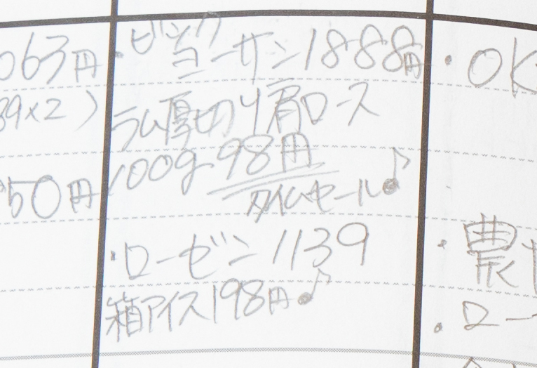 遠山さんの『家計ノート』には安値で買えた買い物に「♪」を書き感情も表現し底値の情報に