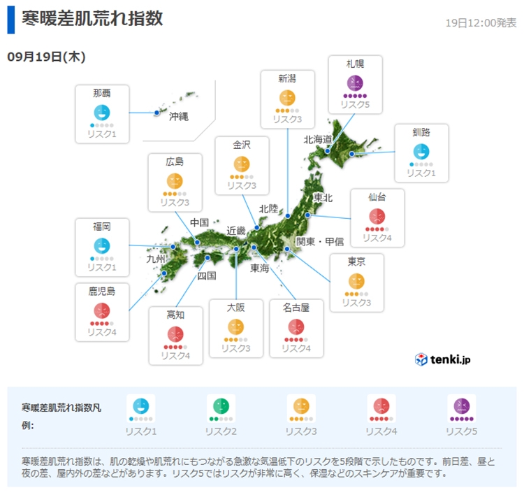 毎日更新される「寒暖差肌荒れ指数」（見本）。各地のアイコンをクリックすると、より細かい地域の指数がわかる。リスク5ではしっかり保湿ケアをすすめている（日本気象協会HPより）