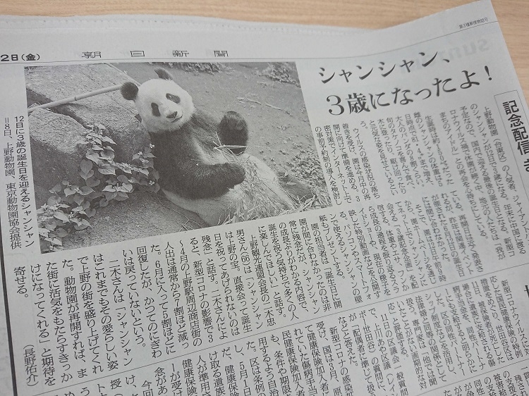 シャンシャンとしてシンシンが掲載された朝日新聞の紙面