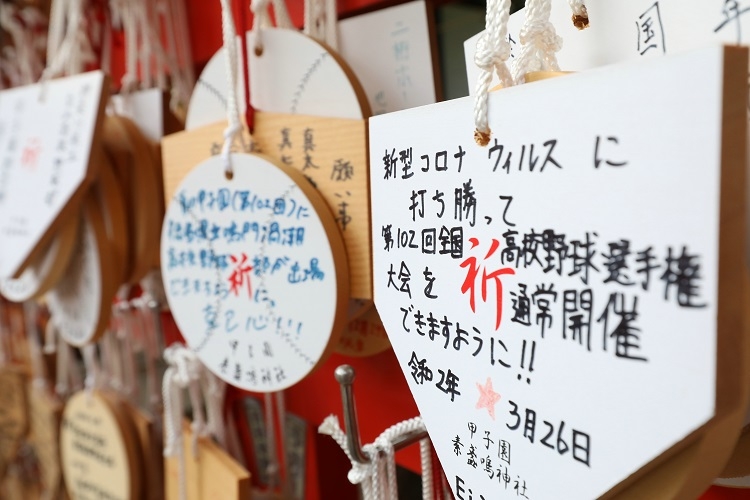 甲子園球場に隣接する素盞嗚（すさのお）神社に飾られた、夏の甲子園開催を願う絵馬（時事通信フォト）