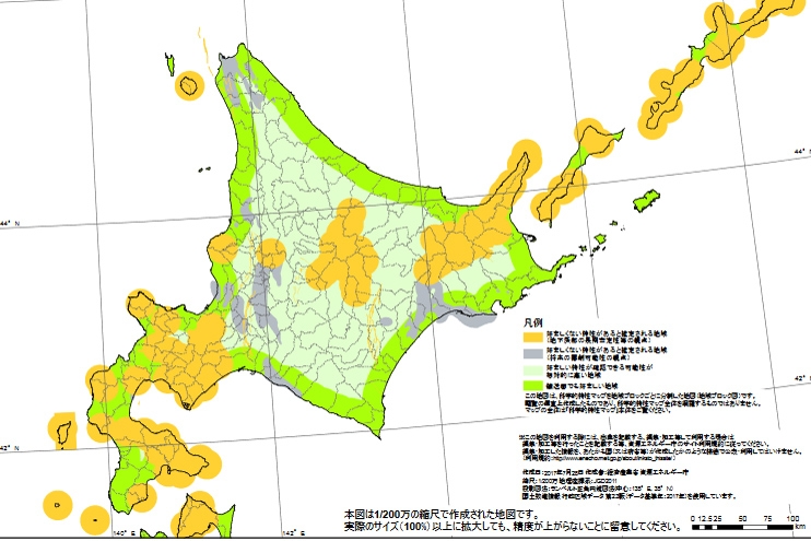 「核のごみ」処分場に適したエリアを色分けした北海道のマップ（資源エネルギー庁）