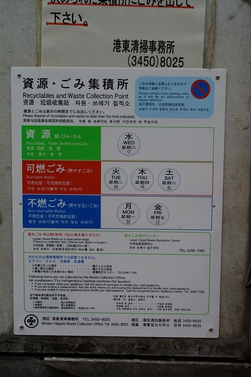 日本語、英語、中国語、ハングル（韓国語）の4カ国語で表示されているゴミの出し方表示も増えている（時事通信フォト）