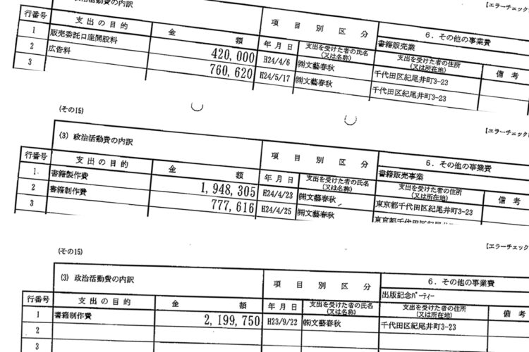 文藝春秋への支払いが記された政治資金収支報告書。現在は閲覧できない