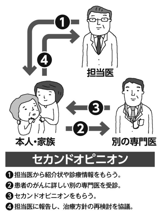 担当医、別の担当医、本人や家族とのセカンドオピニオンの流れ