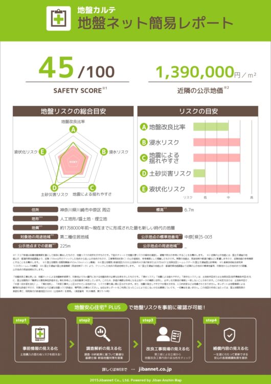 武蔵小杉周辺の地盤の強さは45点だった