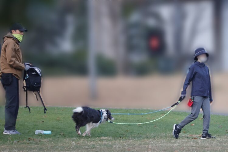 愛犬のダンを散歩させるA子さんと渡辺謙。杏も一目置いているという（2020年）