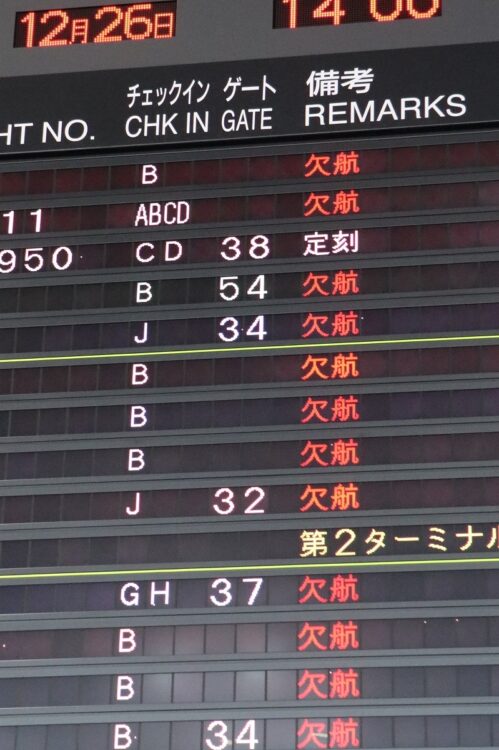 「欠航」の表示が並ぶ成田空港出発便の電光掲示板（写真は12月26日、時事通信フォト）