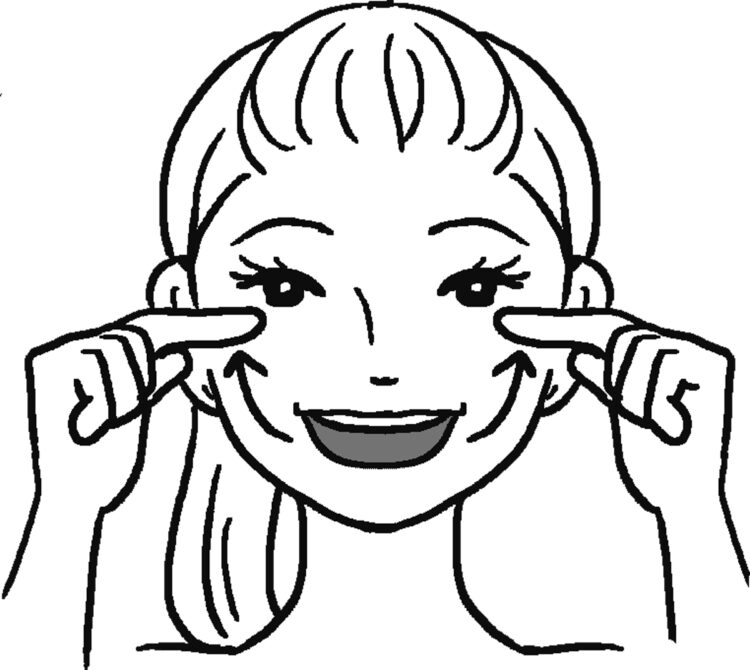 【図2】人差し指の先を目尻の下に添え、添えた指を動かすように、頬を引き上げる。このとき、上下中央の歯8本が見えるように、上唇と口角を上げながら「あ～」と2声を出す。これを20回行う
