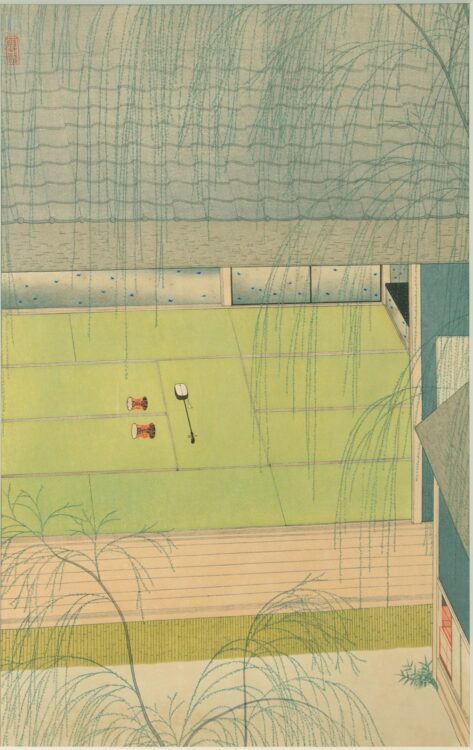 《青柳》木版多色刷 アダチ版画研究所 40.8×26.5センチ。 昭和16（1941）年頃 個人蔵 。「お稽古の前なのか、後なのか。留守模様の風景画でありながら、風俗画とも呼べる雰囲気があります」（山下）