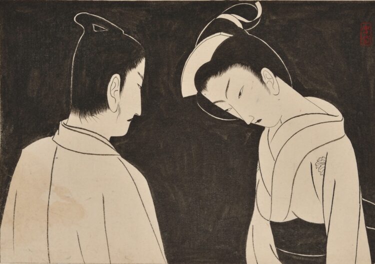 《吉川英治『遊戯菩薩』》　挿絵：小村雪岱 第16回 昭和10（1935）年9月15日『サンデー毎日』掲載 紙本墨画 15.7×23.3センチ。 清水三年坂美術館蔵。 雑誌連載小説の挿絵。美濃の郷士・小泉百介と彼を慕うお菜、 彼女に捨てられた和平を中心に展開する物語