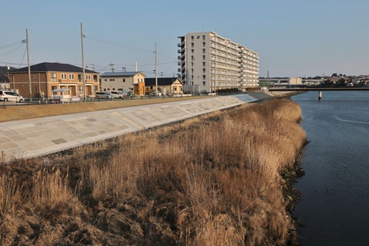 宮城県気仙沼市の気仙沼大橋から見た大川の河原。