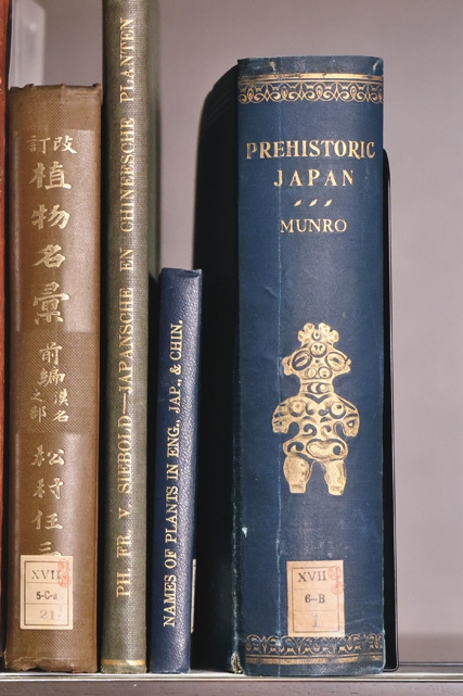 本棚は地域別に分類され、明治時代に外国人がまとめた『PREHISTORIC JAPAN』など日本関連の本も。背表紙には縄文時代の土偶が描かれている