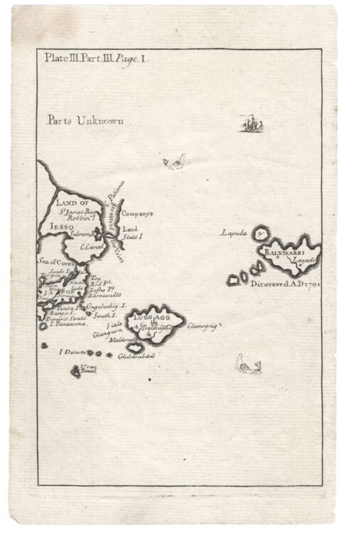 18世紀のスウィフトの小説『ガリヴァー旅行記』に掲載された日本近海の想像図。日本の東方には空飛ぶ島「ラピュタ」など架空の島々が描かれ、列島北方の海域については「Unknown（よくわからない）」と正直に記されている。作中でガリヴァーが訪れる唯一の実在の国が日本だった