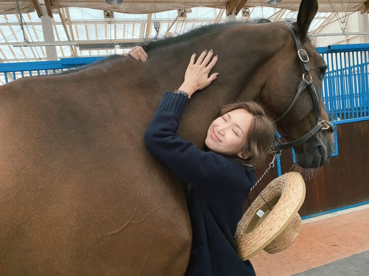 ファームでは馬と触れ合うこともできる。ホースセラピー効果も。