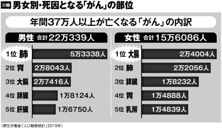 男女別・死因となる「がん」の部位