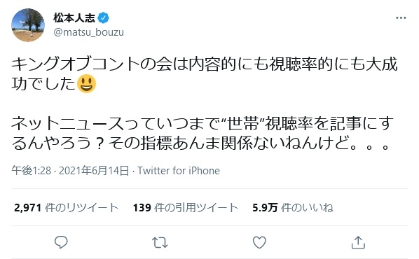 世帯視聴率重視の姿勢に疑問を呈した松本人志のツイート（Twitterより）