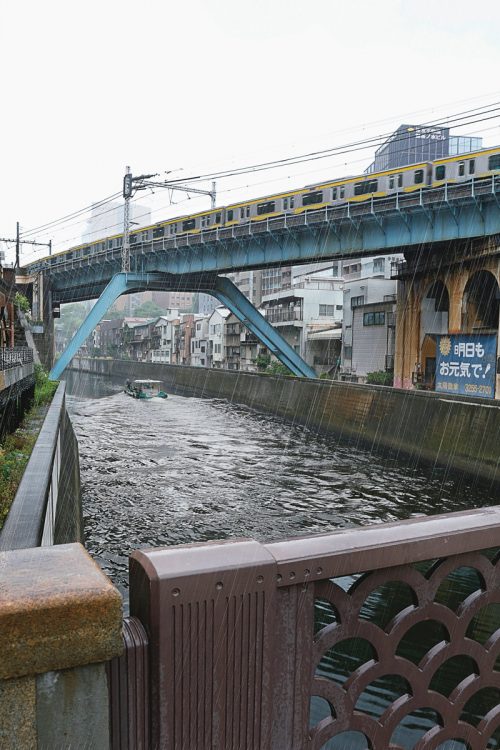 昌平橋のたもとからJRお茶の水駅の近くにある湯島聖堂の方角を望む。神田川の上にはJR総武線の鉄橋が走る（写真／内海裕之）