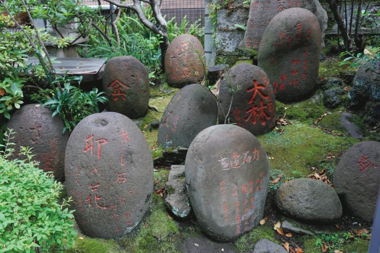 柳森神社の境内にある力石群。力石とは若者が力試しに用いた石とされ、この境内にあるのは、付近の力士が使っていたものと伝わる（写真／内海裕之）