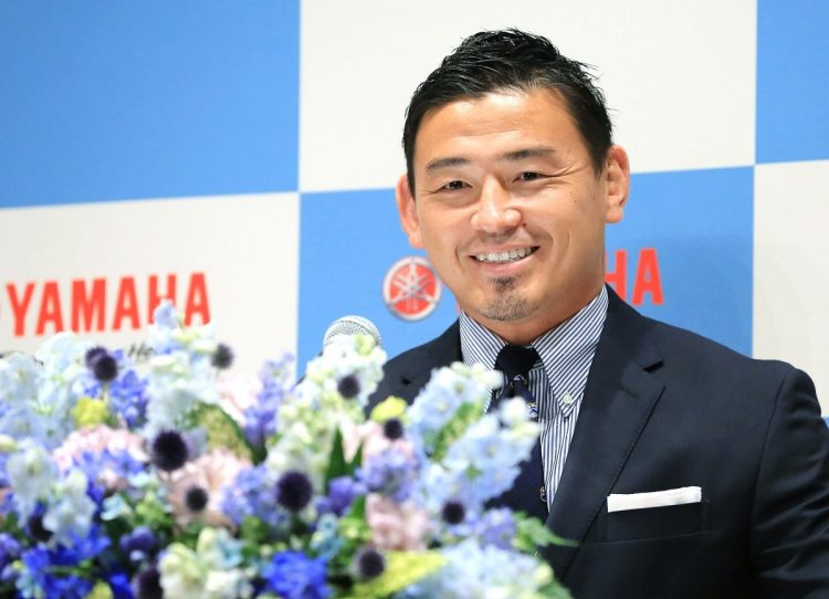 引退会見に臨むラグビー元日本代表の五郎丸歩さん。（c）時事（ヤマハ発動機提供）