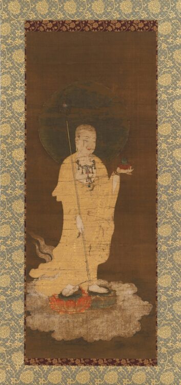 『地蔵菩薩像』絹本着色 鎌倉～南北朝時代（13～14世紀）。本来の地蔵菩薩は菩薩の姿だが、中国起源と思われる比丘（僧侶）の姿で描かれている