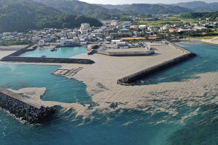 沖縄県国頭村の辺士名漁港に漂着した大量の軽石（共同通信社）